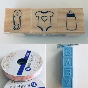 New Baby Stamper Ribbon Blocks Bundle of Joy Girl Boy Bottle Onesie